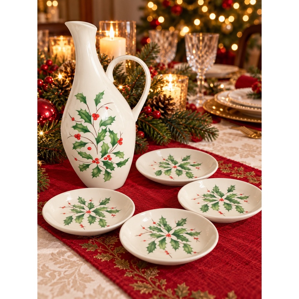 Lenox Holiday Oil Bottle Gift Set Ivory China Holly Berry Cruet Dipping Plates